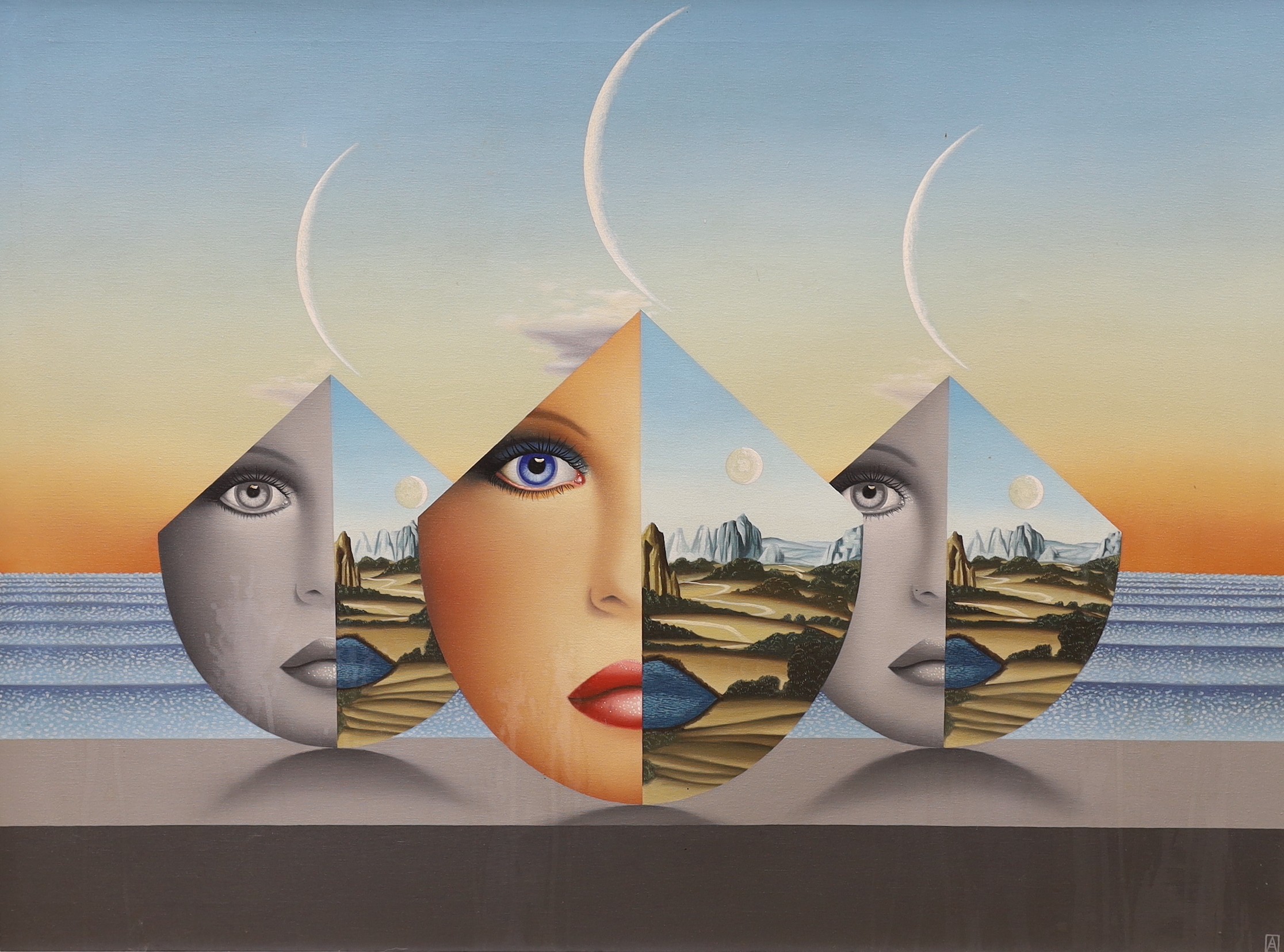 Anthony John Gray (b.1946), acrylic on canvas, Surrealist landscape, monogrammed, 75 x 102cm